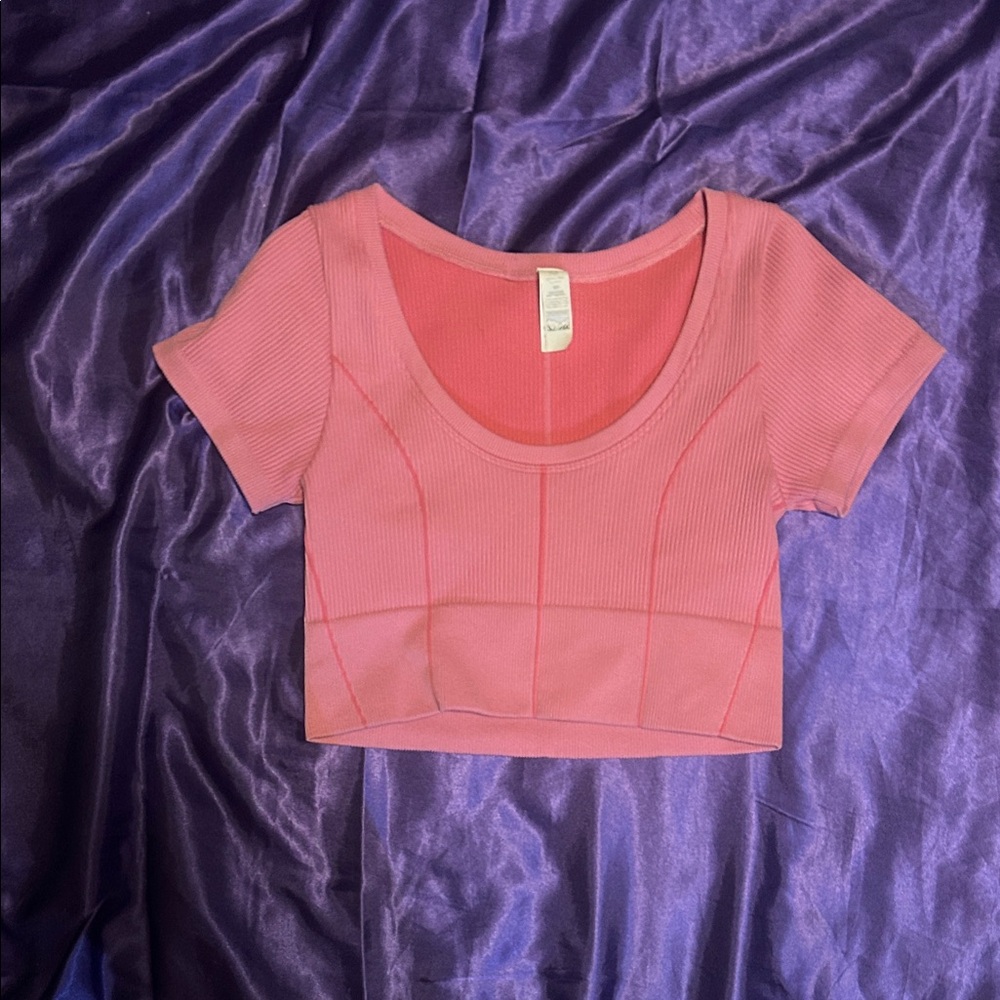 aerie Pink Ribbed Short Sleeve Scoop Crop Top